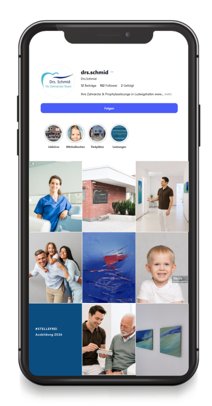 Bild Handy mit Social Media Kanal der Praxis